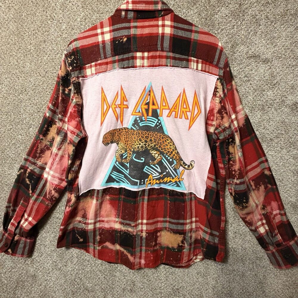 Upcycled Def Leppard Flannel Shirt 2012 American Eagle Bleached Plaid Rock L